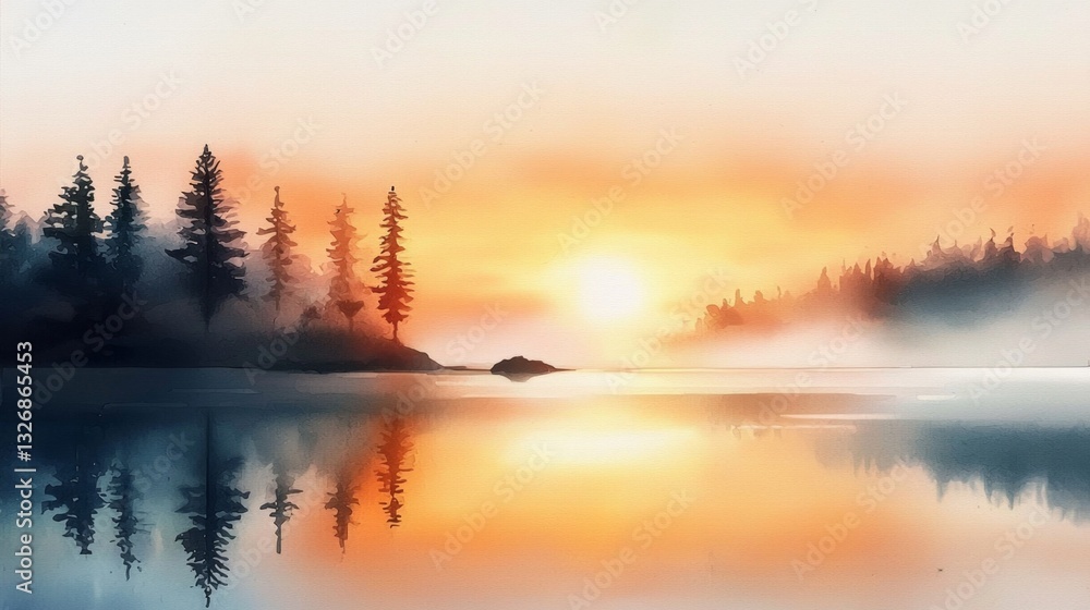 Fototapeta premium A breathtaking lake sunset rendered in soft, flowing watercolor strokes invites peaceful contemplation.