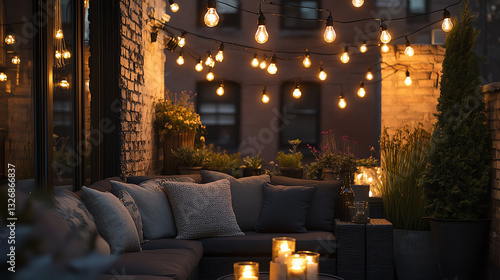 Cozy outdoor lounge with warm string lights.