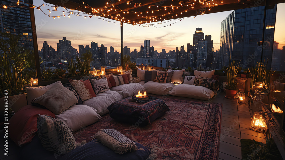 Fototapeta premium Cozy rooftop lounge with city skyline view.