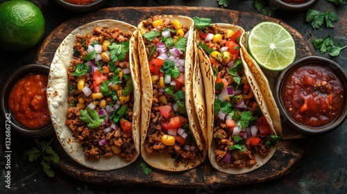 Wallpaper Mural Ground beef tacos with salsa on dark wood board Torontodigital.ca