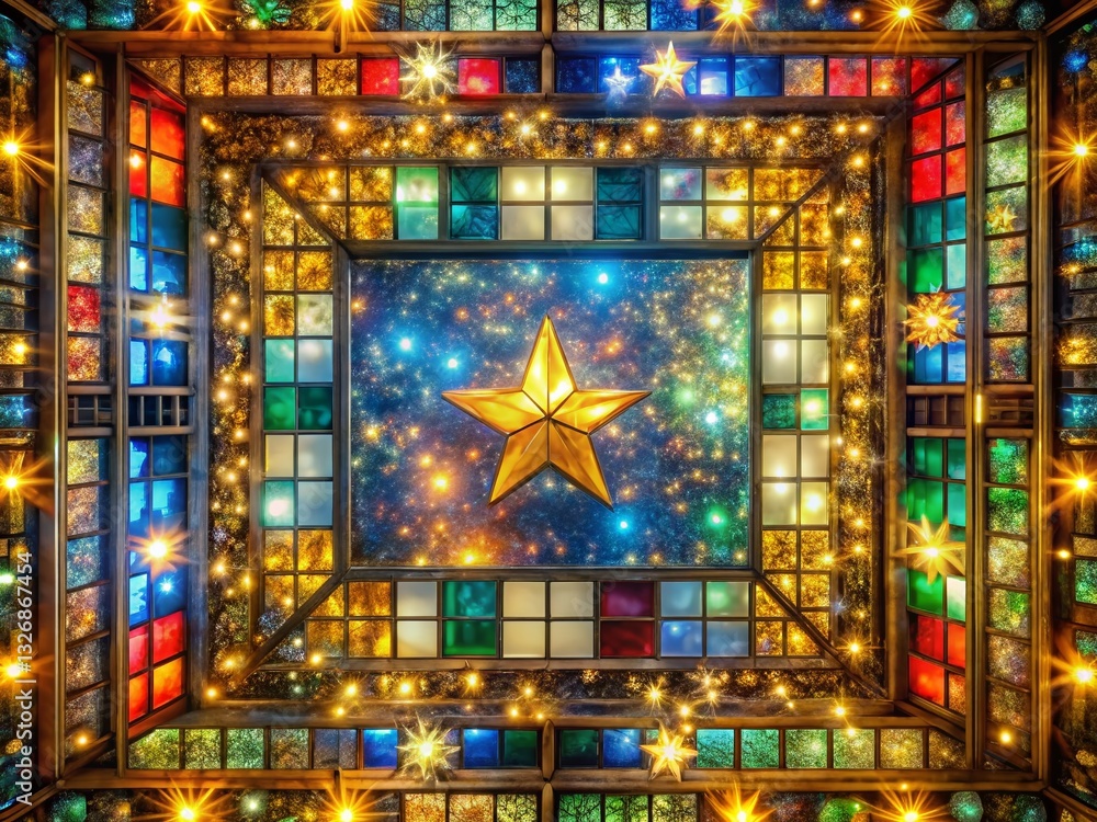Obraz premium Festive Colorful Glass Panel Frame with Stars - Drone Aerial View, Perfect for Celebrations & Invitations