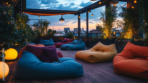 Cozy rooftop lounge with colorful bean bags.