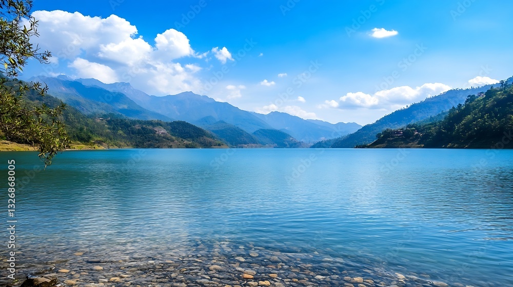 Fototapeta premium Tranquil Lake Surrounded by Majestic Mountains Under a Bright Sunny Sky with Clouds : Generative AI