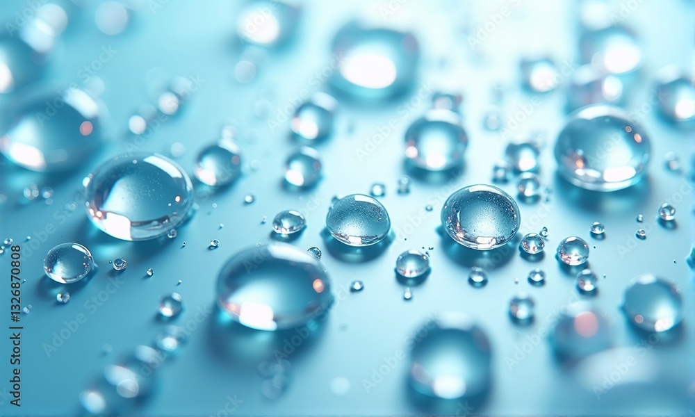 Water Droplets on Smooth Surface with Soft Blue Background Water Droplets on Smooth Surface with Soft Blue Background
