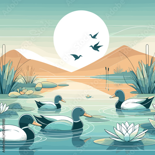 Stylized pond scene with ducks swimming and birds flying under a large sun in a serene landscape
