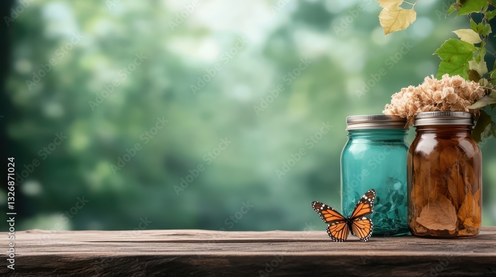 A rustic display featuring charming bottles filled with dried flowers, accompanied by butterflies, exuding a nostalgic and warm ambiance in a natural setting. A rustic display featuring charming bottles filled with dried flowers, accompanied by butterflies, exuding a nostalgic and warm ambiance in a natural setting.