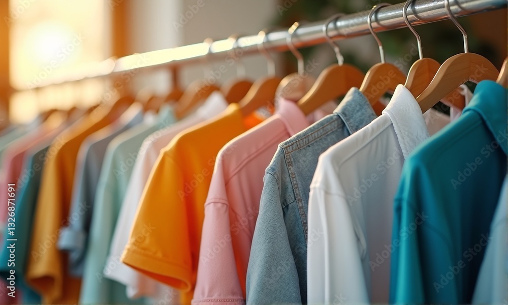 Obraz premium Colorful Clothing Rack Displaying Casual Shirts in Soft Lighting