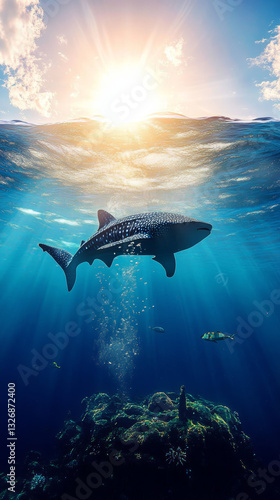 A shark is swimming in the ocean with the sun shining on it