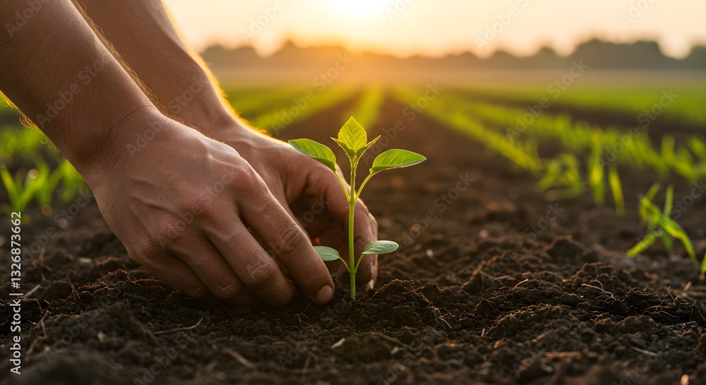 Fototapeta premium Planting Seedling in Fertile Soil at Sunrise for Sustainable Farming