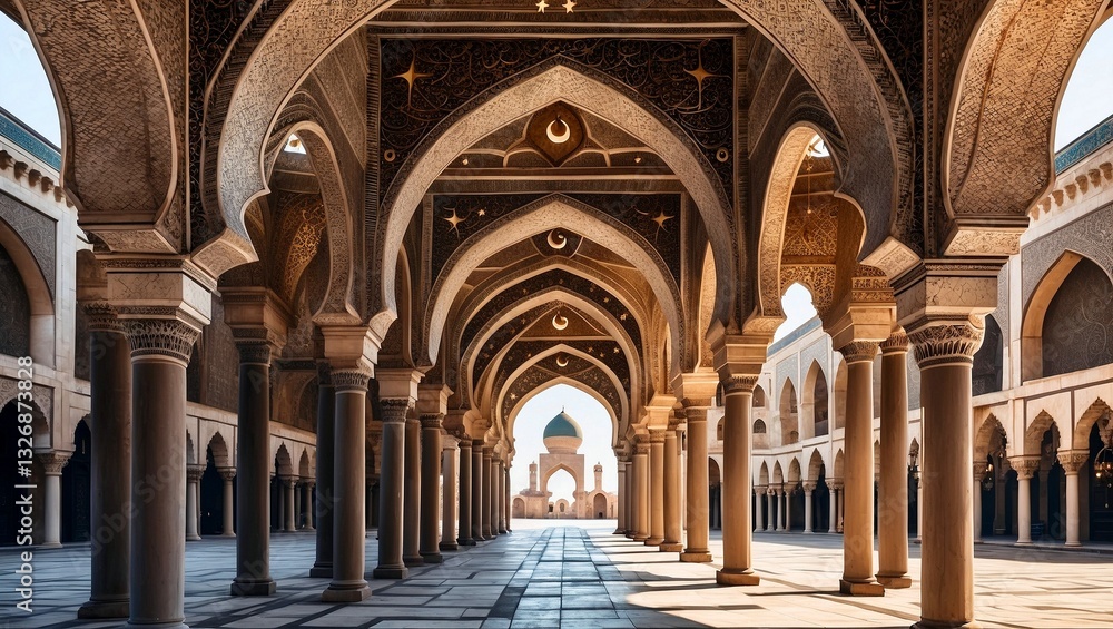 Ornate islamic archway featuring crescent moon and stars Ornate islamic archway featuring crescent moon and stars