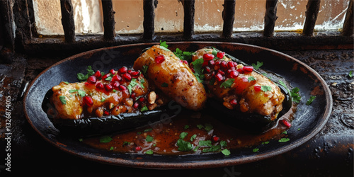 Delicious Stuffed Eggplant with Pomegranate Seeds and Fresh Herbs in Rustic Setting - Vibrant Dish on Vintage Plate, Perfect for Gourmet Food Lovers
