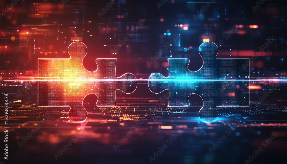 Obraz premium Digital concept of AI integration, featuring two interlocking puzzle pieces on a futuristic techinspired background, symbolizing connectivity and interoperability