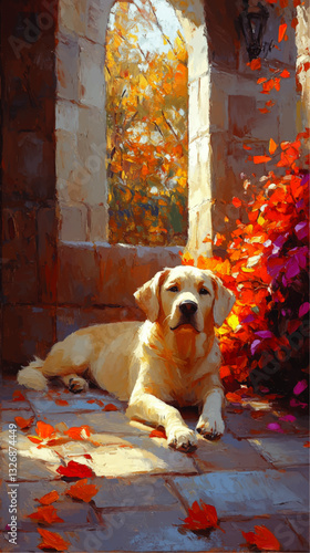 Autumn Dog Illustration in Vibrant Fall Foliage: Yellow Labrador Retrieving Dog Relaxing in Scenic Background with Colorful Leaves in Rustic Stone Archway