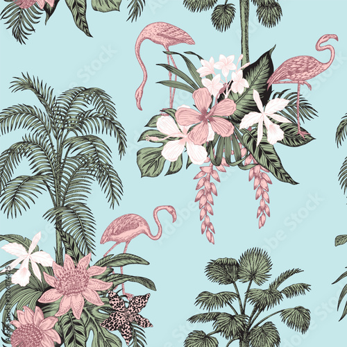 Jungle toile seamless pattern. Tropical green palm leaves, palm tree, pink flower, pink flamingo wallpaper.	
