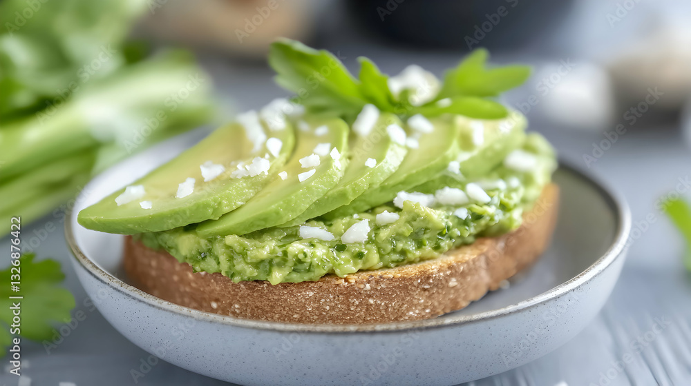 A delicious toast topped with fresh avocado and greenery on a plate A delicious toast topped with fresh avocado and greenery on a plate