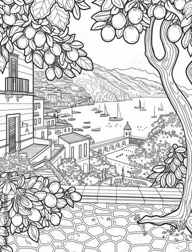 Wallpaper Mural Retro Vintage Line Art Illustration of Positano Albero di Limone on White Background Torontodigital.ca