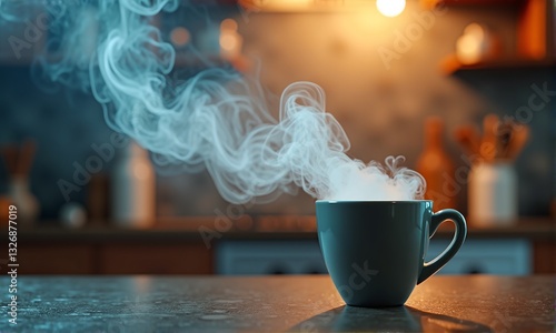 Serene Moment of Hot Coffee with Steam in Cozy Kitchen Setting