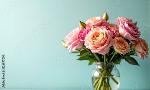A Vibrant Bouquet of Pink and Peach Roses in a Glass Vase