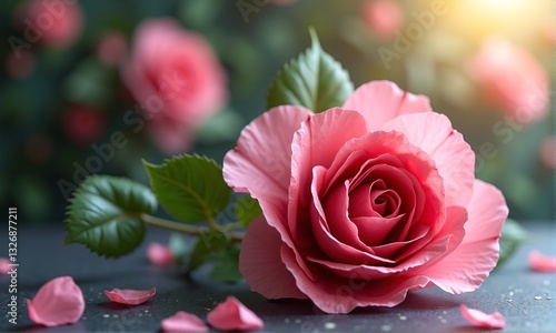 Beautiful Pink Rose with Petals on Surface in Soft Light