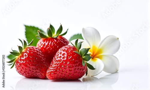 Fresh Red Strawberries and White Flower on Glossy Surface