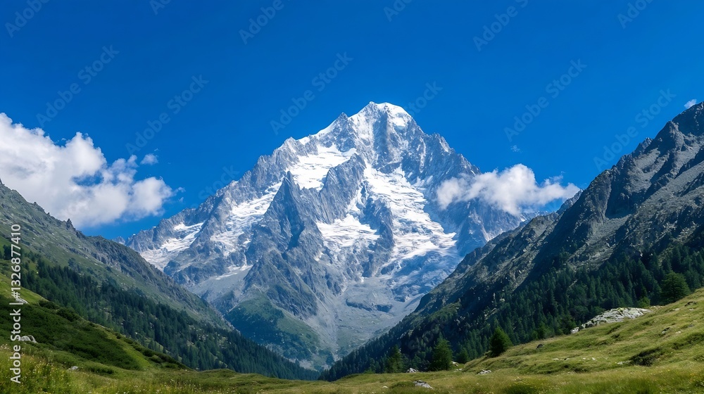 Fototapeta premium Majestic snow capped mountain peak under a clear blue sky in a stunning natural landscape : Generative AI