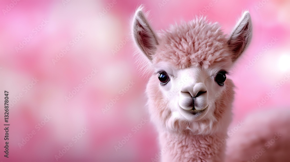 Fototapeta premium Young alpaca portrait on pink blurred background, close up view of cute fluffy llama face with gentle expression and soft wool. Suitable for greeting cards and nursery art.