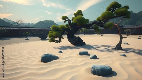 Tranquil Zen Garden with Raked Sand and Bonsai Tree