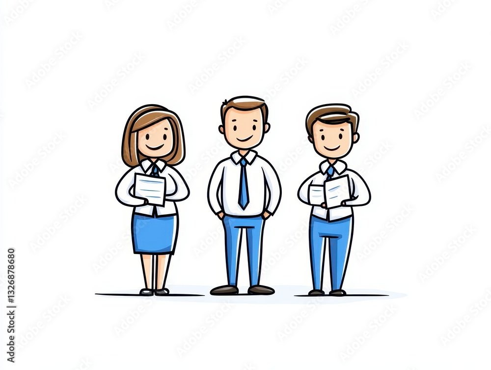 Three professionals in business attire holding documents, smiling, in a minimalistic office setting Three professionals in business attire holding documents, smiling, in a minimalistic office setting