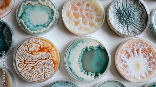 Intricate petri dish cultures showcasing diverse microbial growth patterns in a laboratory setting