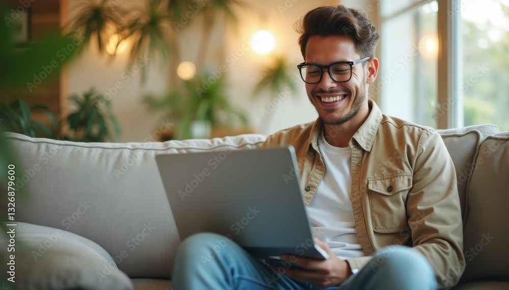 Smiling young person using laptop in a cozy indoor setting with plants and natural light Smiling young person using laptop in a cozy indoor setting with plants and natural light