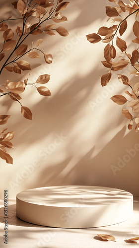 Podium with shadow leaves on brown beige studio background in 3d display room with stand concept for cosmetic product presentation