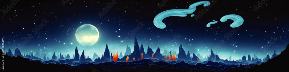 Stunning Vector Illustration of a Surreal Alien Landscape with Full Moon, Starry Sky, Mystical Mountains, and Bright Orange Crystals - Perfect for Sci-Fi Themes Stunning Vector Illustration of a Surreal Alien Landscape with Full Moon, Starry Sky, Mystical Mountains, and Bright Orange Crystals - Perfect for Sci-Fi Themes