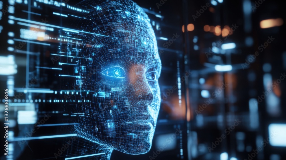 Obraz premium Futuristic Digital Human Face with Data Overlay Visual Elements