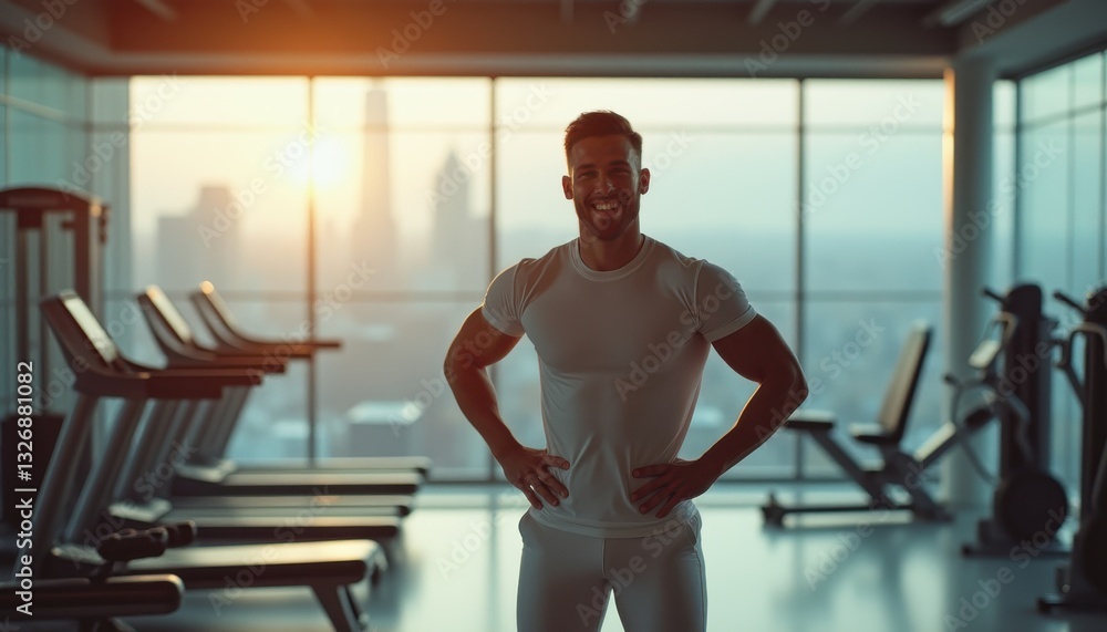 Confident man stands in fitness center during sunrise with city skyline in background Confident man stands in fitness center during sunrise with city skyline in background