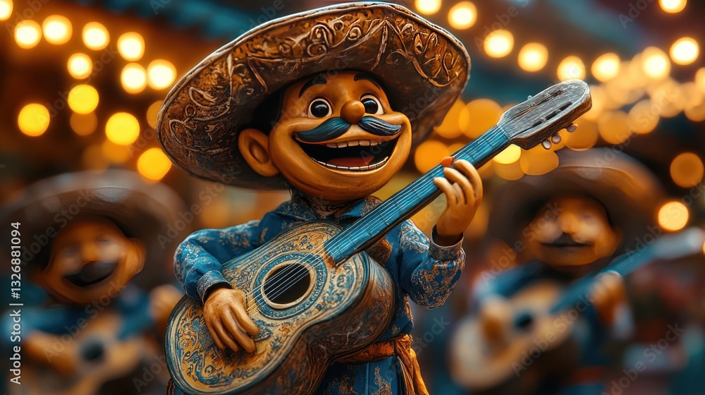 Obraz premium Festive Mariachi Puppet Plays Guitar at Night Market
