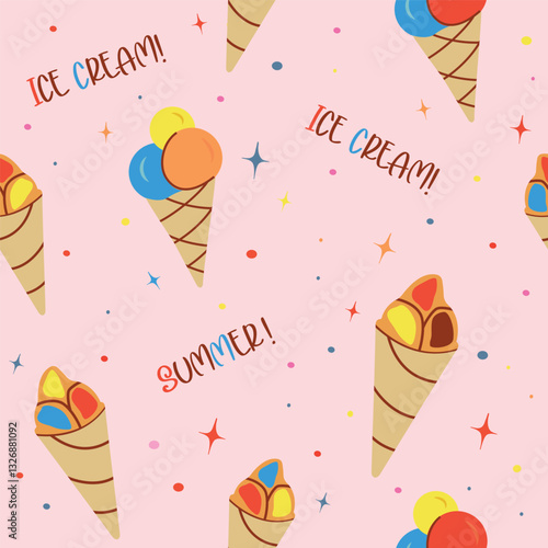 Seamless pattern with ice cream, star. flat children's background with dessert, food. graphics for print, holiday, wallpaper, banner, surface textures, fabric. vector art illustration