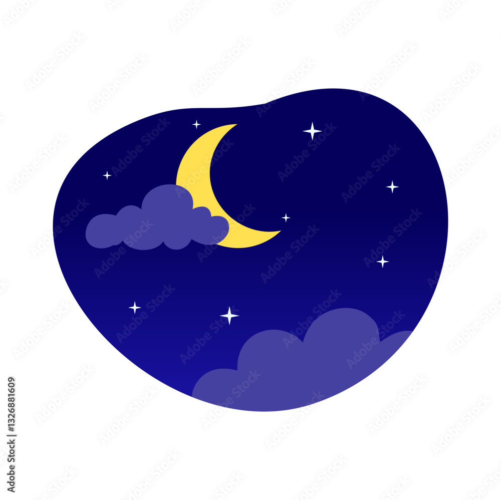 Obraz premium Vector Night Icon. Moon and Clouds in Starry Sky
