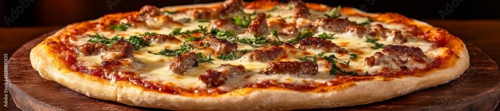 Cheese-filled pizza with sausage and fresh herbs. Generative AI