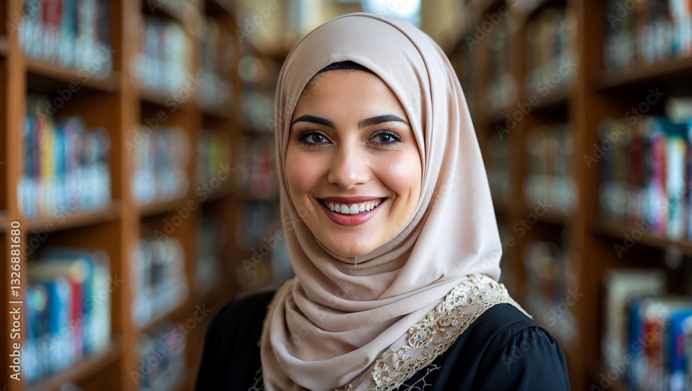 Smiling woman in hijab enjoying library atmosphere Smiling woman in hijab enjoying library atmosphere