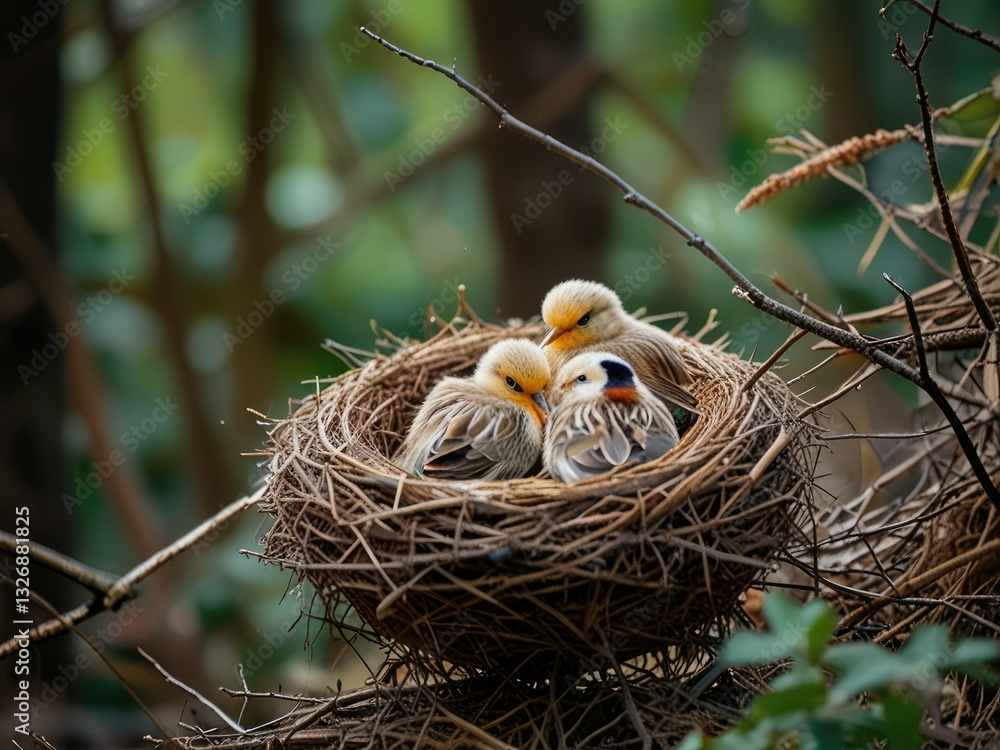 Three Tiny Birds Nestled Together In A Cozy Nest, Sharing Warmth And Safety In Their Woodland Home, With Soft Natural Light Filtering Through The Leaves Three Tiny Birds Nestled Together In A Cozy Nest, Sharing Warmth And Safety In Their Woodland Home, With Soft Natural Light Filtering Through The Leaves