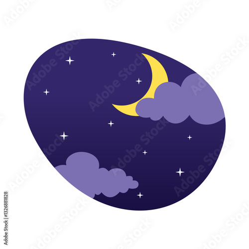 Vector Night Icon. Moon and Clouds in Starry Sky