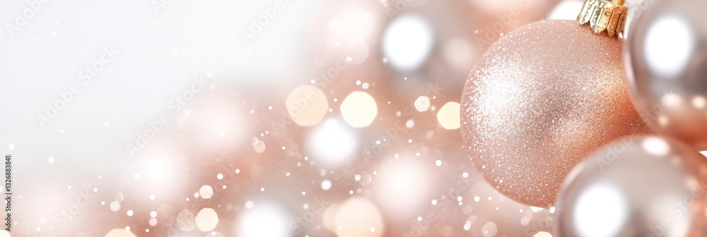 Elegant rose gold Christmas ornaments with soft bokeh lights create festive atmosphere, perfect for holiday celebrations and decorations Elegant rose gold Christmas ornaments with soft bokeh lights create festive atmosphere, perfect for holiday celebrations and decorations