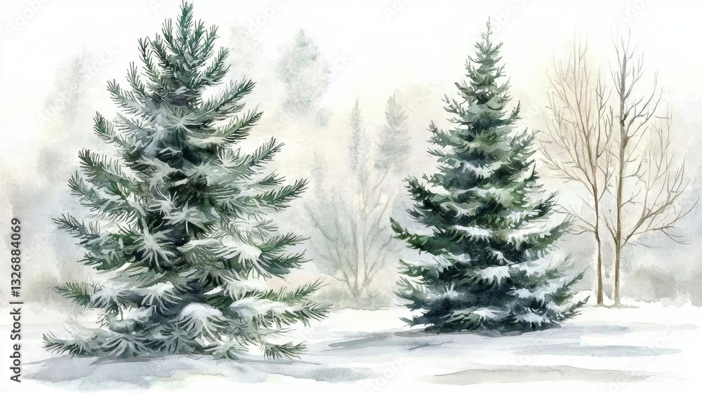 Artistic representation of winter trees and conifers in watercolor. Artistic representation of winter trees and conifers in watercolor.