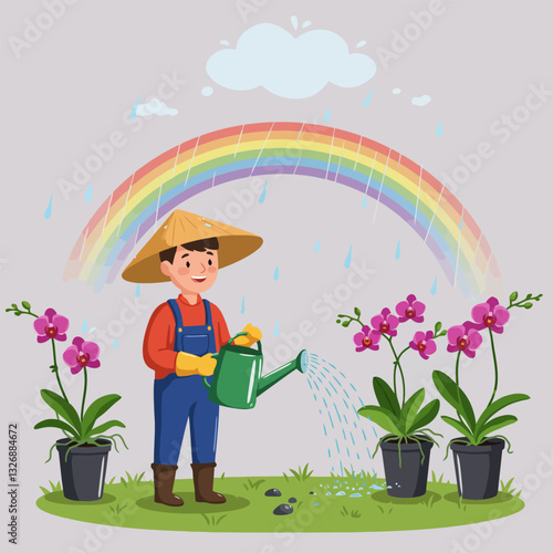 Person Watering Flowers Under Rainbow with Watering Can Outdoors