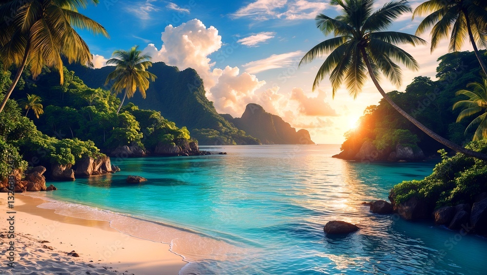 Fototapeta premium Tropical beach paradise with sunlit lagoon and lush jungle