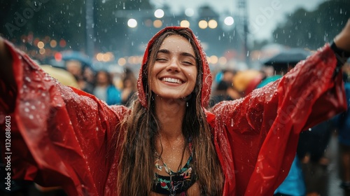 A joyful woman enjoying the rain at an outdoor festival, smiling under colorful raindrops.