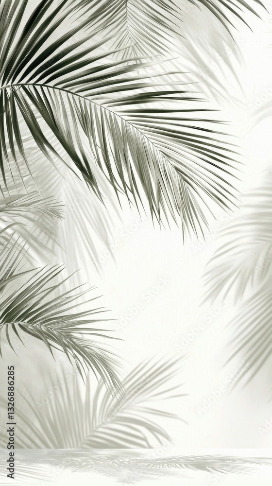 Shadow play of palm leaves casts intricate patterns on a white wall. Shadow play of palm leaves casts intricate patterns on a white wall.