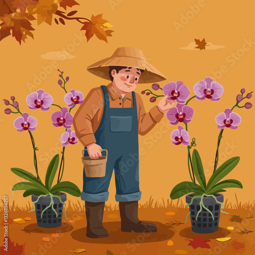 Man Tending Orchid Flowers in an Autumn Garden Illustration