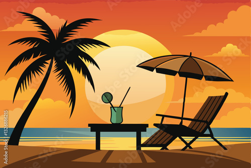 Silhouette of wooden chaise lounge, palm tree on beach. Umbrella and table with coconut and cocktail. vector illustration in flat design