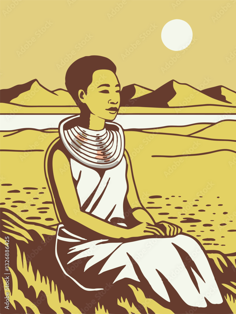 Obraz premium Young woman sitting on the desert. Vector illustration in flat style.